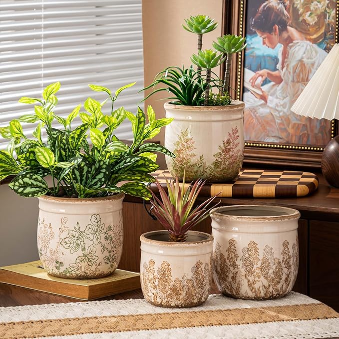 SURE YUESI Vintage Pink & Green Ceramic Planter Set of 2, 4.7” & 5.7” Rustic Flower Pots for Indoor Plants, Decorative Home & Garden Plant Pots