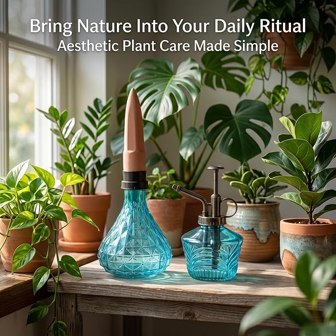 Glass Mini Watering Can & Self - Watering Globe Set - Flower Water Spray Bottle with Terracotta Spike, Perfect Plant Watering Gift for Indoor Outdoor Gardens