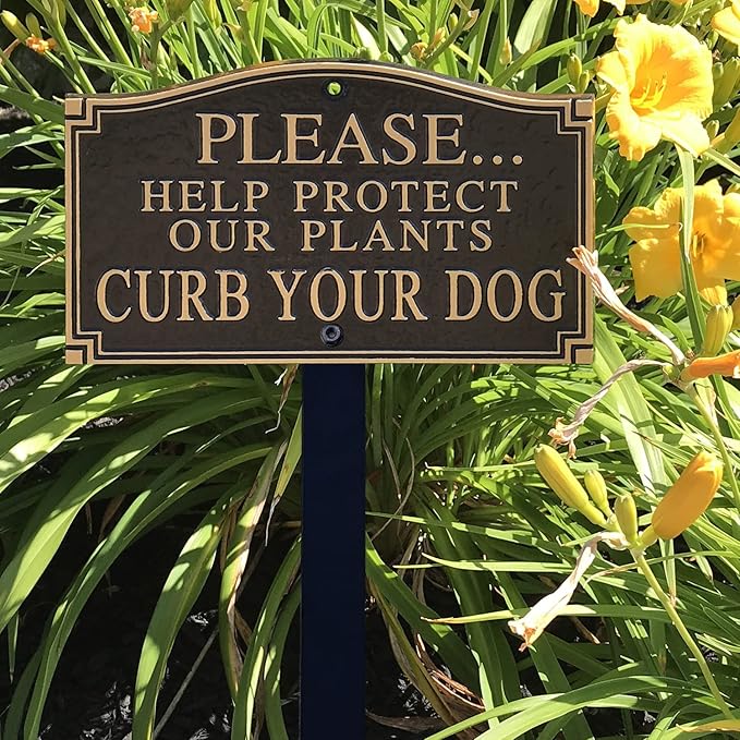 SmartSign 5.75 x 9.5 inch “Please Help Protect Plants - Curb Your Dog” GardenBoss Statement Plaque with 18 inch Lawn Stake, 375 mil Rustproof Aluminum, Black and Gold, Set of 1, Made in USA