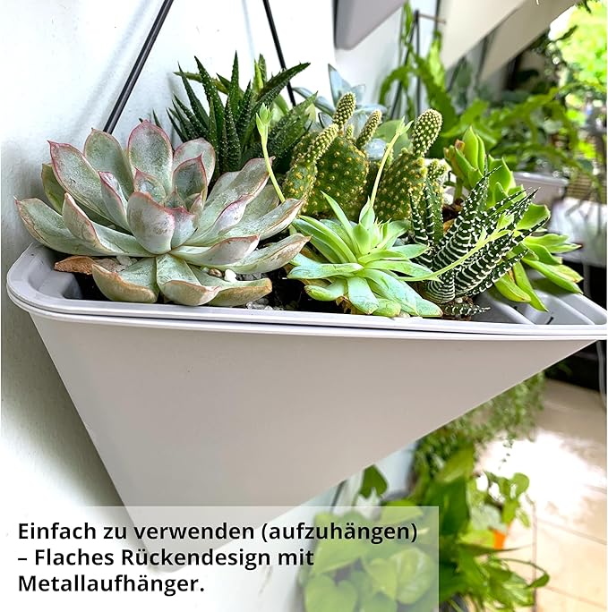 LaLaGreen Wall Planters for Indoor Plants - 4 Pack, 12 Inch Large Self Watering Gray Geometric Hanging Flower Vase Vessel with Metal Hanger, Modern Stylish Wall Mounted Succulent Pot Holder Decor