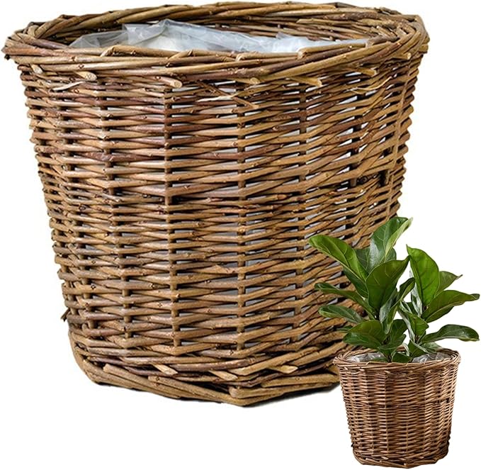 Wicker Planter Basket with Waterproof Liner - Handwoven Natural Brown Willow Plant Basket for Indoor Plants, Home Decor, and Garden Decor (6.7x5.5 Inch).