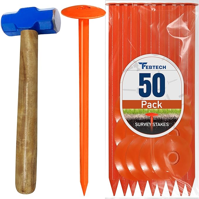 FEBTECH - Septic Tank Marker - 2.3" x 7" - Suitable Property line Markers for Protecting Your Septic Tank and Property Boundary with Solid and Sturdy Survey Stakes - Pack of 50 Pcs + 1 Hammer