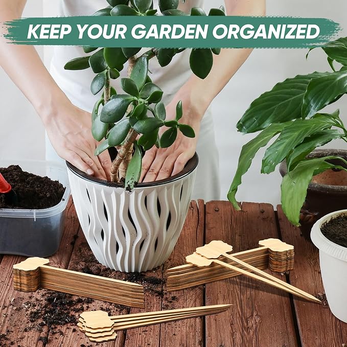 Jingmore 50 Pcs Bamboo Garden Markers Plant Labels 8 Inch Extra Long Plant Tags for Seedlings with Pen T-Type Tags Waterproof Nursery Garden Signs for Outdoor Flower Herb Potted
