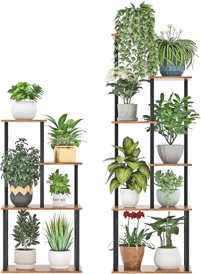 Plant Stand Indoor, 4-Tier Plant Shelf Multiple Metal Wood Flower Pot Holder for Living Room Office Balcony Patio, Rustic Brown