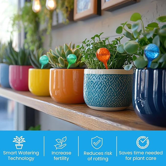 Little Green Leaf Automatic Plant Watering Globes Self Watering Planter Inserts (Set of 6) | Hands Free Multicolor Glass Bulbs | Planter Spikes to Support Indoor & Outdoor Plant Health (350ml)