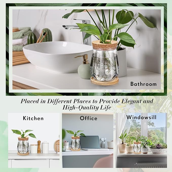 Baderke 12 Packs 4.7" Large Plastic Propagation Vases for Plants with Hole Lid and Bamboo Stand Growing in Water Hydroponic Home Office Desktop Vase Decoration