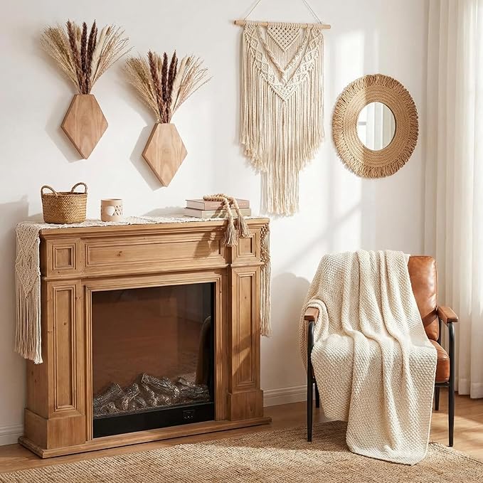 2 Pcs Bohemian Wooden Wall Planter Set with Pampas Grass Modern Farmhouse Wall Decor for Living Room, Bathroom, Bedroom, Office(Original Wood Color,Regular Style)