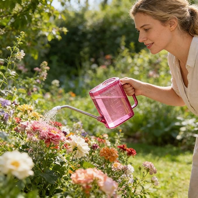 1L Small Watering Can for Indoor Plants, Lightweight Watering Can Outdoor with Long Spout, Indoor Waterings Cans for House Plants, Clear Plastic Waterings Cans for Garden Flower (Pink)