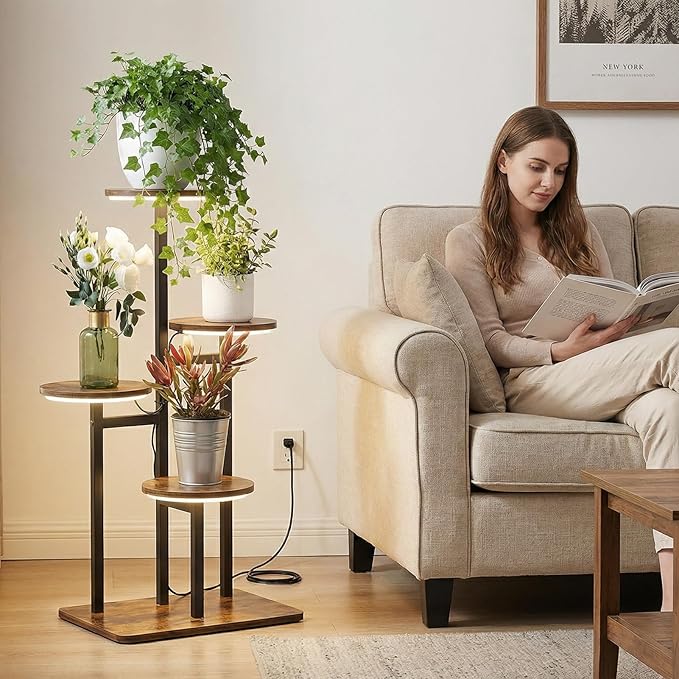 4 Tier Plant Stand Indoor with Grow Light, Tiered Plant Stands for Indoor Plants Multiple, Corner Flower Stand for Living Room, Multi-Layer Vintage Design Plant Shelf