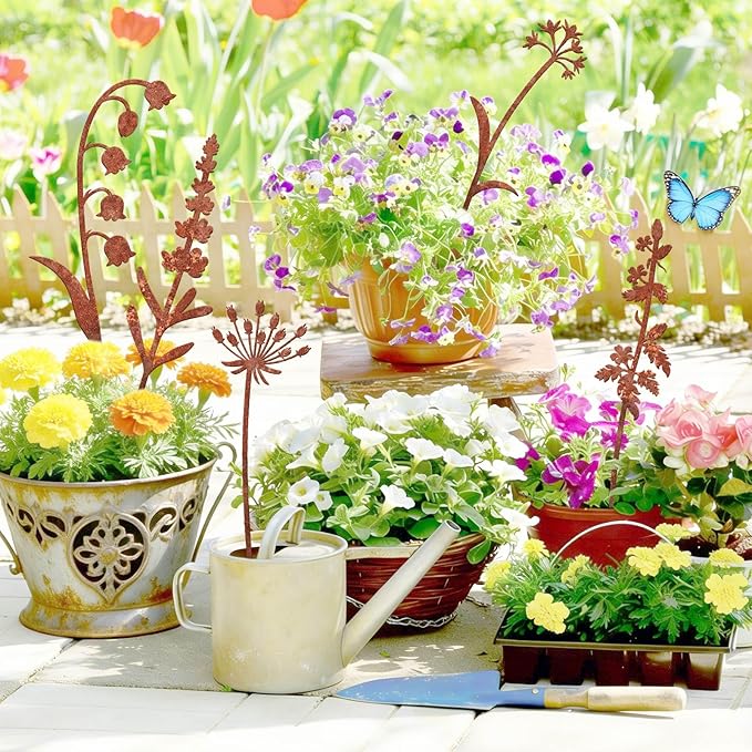 5 Pack Rust - Colored Metal Plant Stakes, Decorative Garden Stakes for Flower Bed & Yard, Metal Flower Decor for Outdoor Use, Yard Decor & Decorative Plant Stakes for Garden (Flowers, 5)