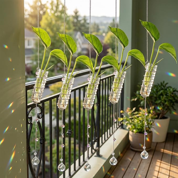 H&D HYALINE & DORA 6 Pcs Hanging Plant Propagation Station with Crystal Ball Prisms Suncatcher and Cleaning Brush, Glass Wall Planters for Indoor Plants Hydroponics Gifts for Plant Lovers(Silver)