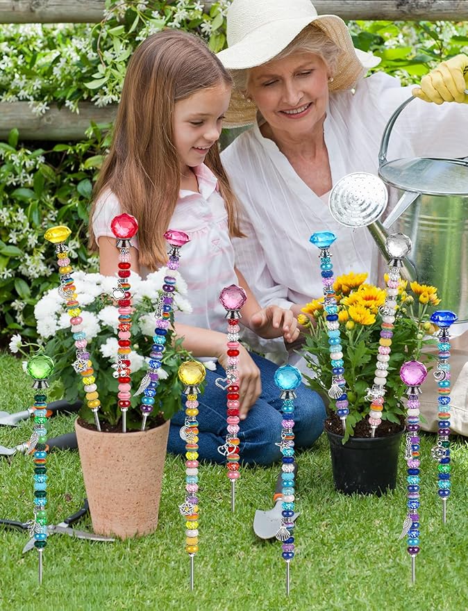 336 Pcs Beaded Garden Stakes, DIY Fairy Wand Garden Stake Beads Kits with 272 Colorful Assortment Round Large Hole Beads with Sparkling Silver Crystal Pendants Stopper Top for Outdoor Beadable Items