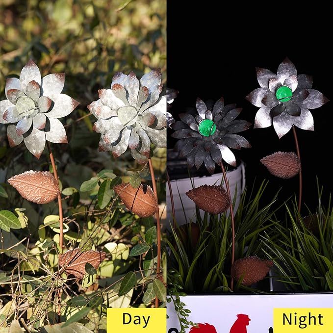 Garden Stakes Decorative, Metal Flowers for Outside, Glow in Dark Yard Lawn Ornaments Plant Pot Flower Bed Decor, Patio, Set of 3, Silver