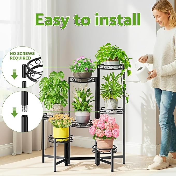 Metal Plant Stand Indoor Outdoor 7 Tier Multiple Flower Pot Holder Shelf Planter Display Shelving Unit for Patio Garden Corner Balcony Living Room Black Circle