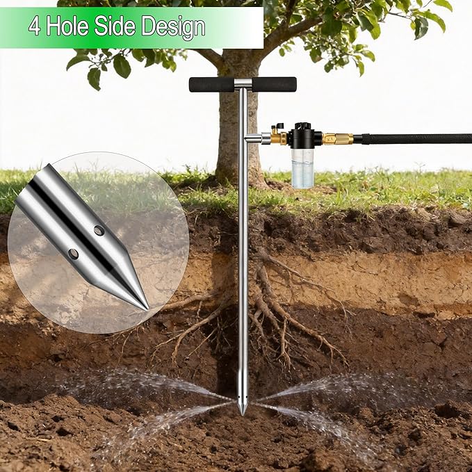 Caulimo Deep Root Watering Tool for Trees, Tree Watering Spike with Fertilizer Bottle, Stainless Steel Root Feeder for Garden, Orchard & Shrubs, Tree Irrigation System with Brass Valve|T-Handle