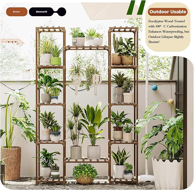 Bamworld Widened Plant Stand Indoor Outdoor 12 Tier Tall Large Wood Plant Shelf Multi Tier Flower Stands Garden Shelves Wooden Plant Display Holder Rack for Living Room Corner