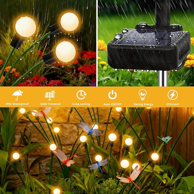 8 Pack Dragonfly Decorative Garden Stakes, 32Pcs 3D Dragonfly Decorations with Solar Firefly Lights Realistic Waterproof Dragonflies Solar Lights Outdoor for Yard Art Patio Plant Pot Flower Bed Lawn