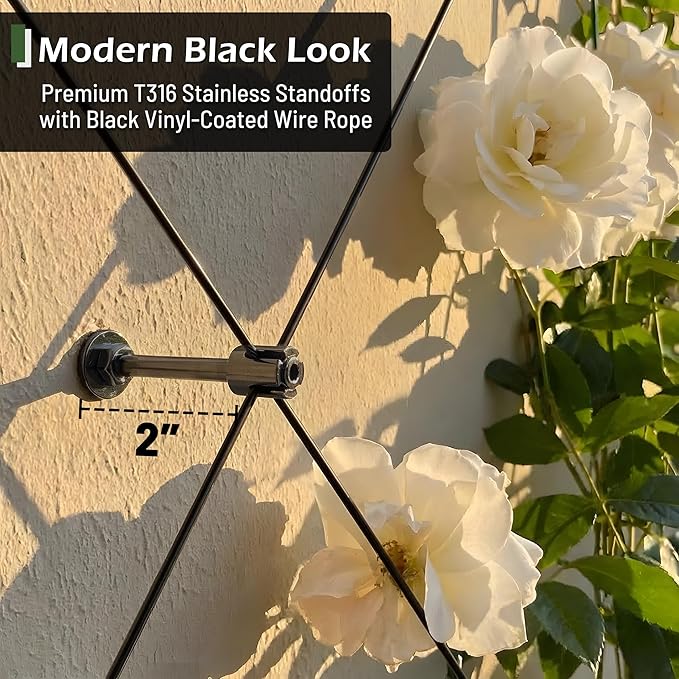 30-Set Black 5/64" (2mm) Wire Trellis for Climbing Plants Outdoor with 150ft Vinyl Coated Cable, T316 Stainless Steel Wall Wire Trellis Kit