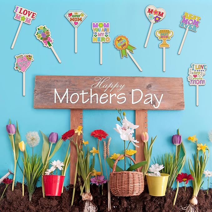 DoubleFill 15 Pcs Mother's Day Crafts Mom Plant Stakes Craft Kits Color Your Own Best Mom Plant Labels Gift DIY Unfinished Cutouts Present Tags for Mother's Day, Gardeners, Funny Gardening Gifts