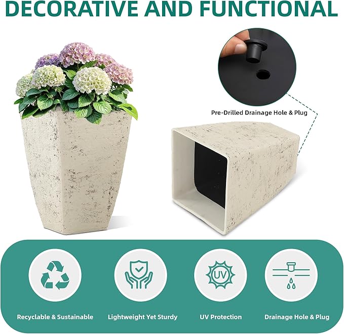 Autodaya 19" Plant Pots Tall Planters for Plants Outdoor Set of 2 Large Square Flower Pots Indoor Front Porch Decor Garden Pot with Drainage Hole Handmade Birch Bark Texture for Patio, Country White