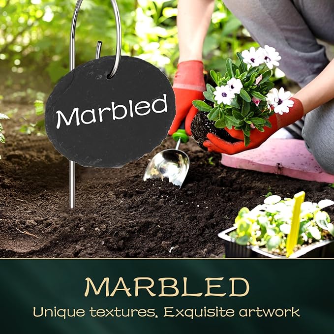 10-Pack Marble Oval Garden Markers,Weatherproof Metal Plant Labels Large Planting Seedling Stake Signs, for Seedlings Herbs Vegetable Greenhouse Gifts with White Marker Pen Labels