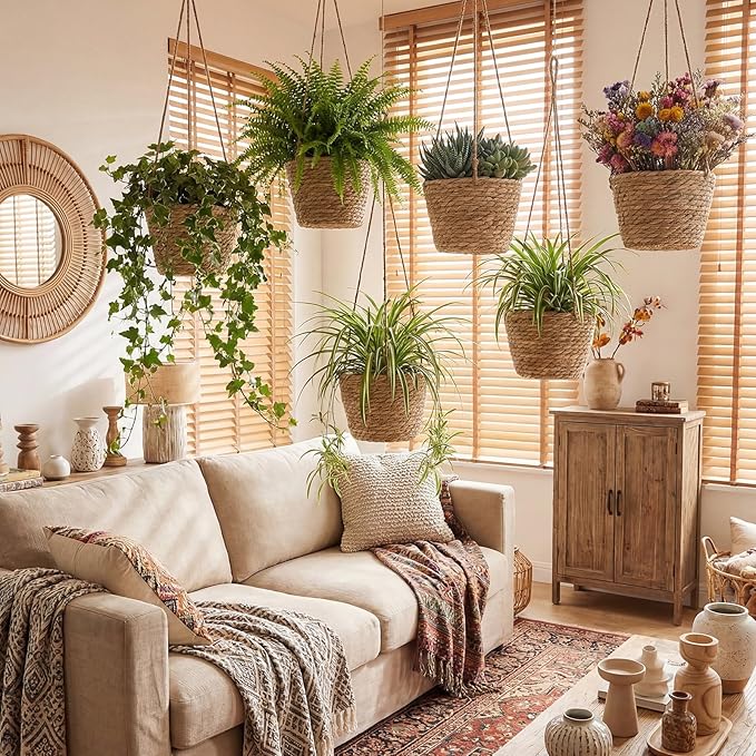 6 Pcs Seagrass Hanging Planter Basket Hand Woven Plant Basket with Plastic Liners Hanging Plant Holder Storage Containers with Cotton Rope for Indoor Garden Decor (Medium,Brown)
