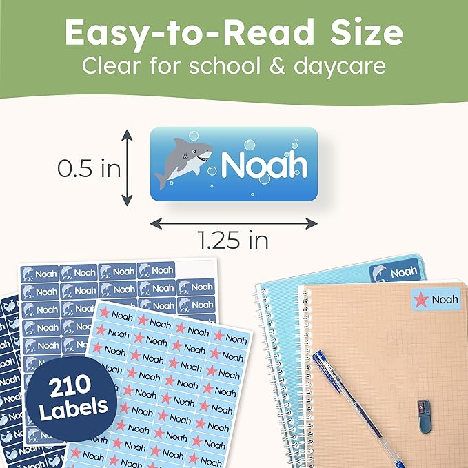 Personalized Name Labels for Kids (210 Labels) - Durable & Waterproof Custom Name Stickers for Clothing Tags, School Supplies, Camp & Daycare - Playful Sea (1.2”x0.5”)