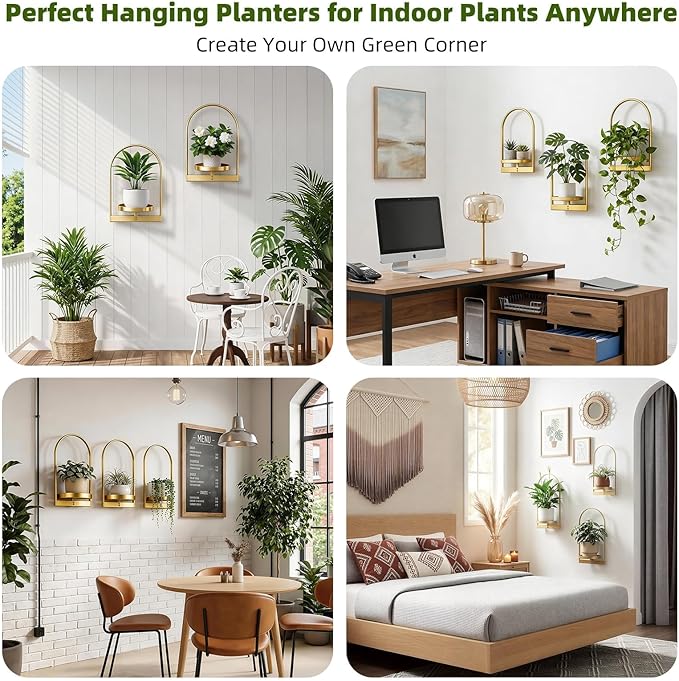 3 Pack Gold Wall Plant Holder for Indoor Plants, Metal Wall Mounted Plant Shelf for Small Pots, Decorative Hanging Wall Planter Display, Modern Wall Decor for Living Room, Bedroom, Entryway, Office