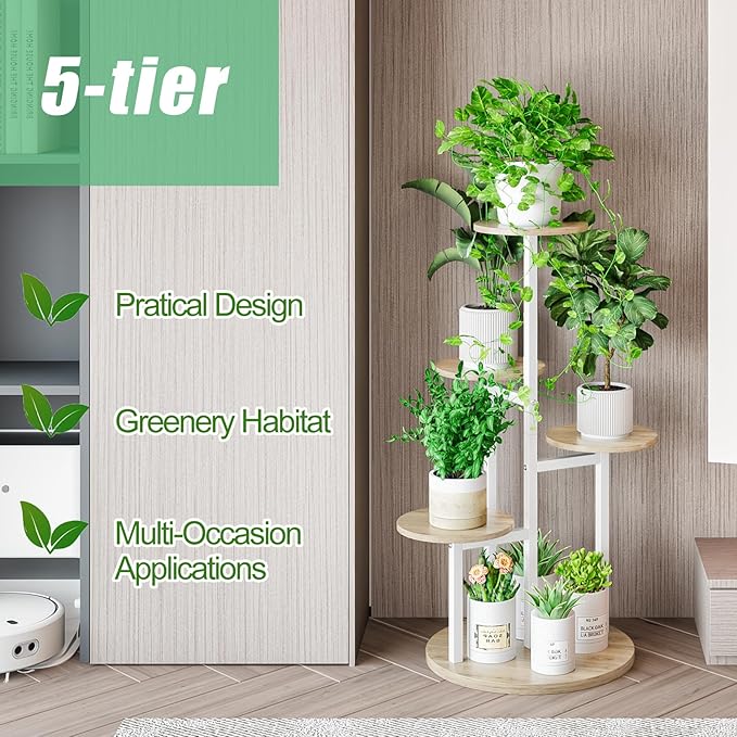 INGIORDAR Plant Stand Indoor Outdoor Corner Plant Shelf for Multiple Flower Pots Flower Stand Holder for Patio Garden Balcony Living Room (White+Sonoma Oak, 5 Tier)
