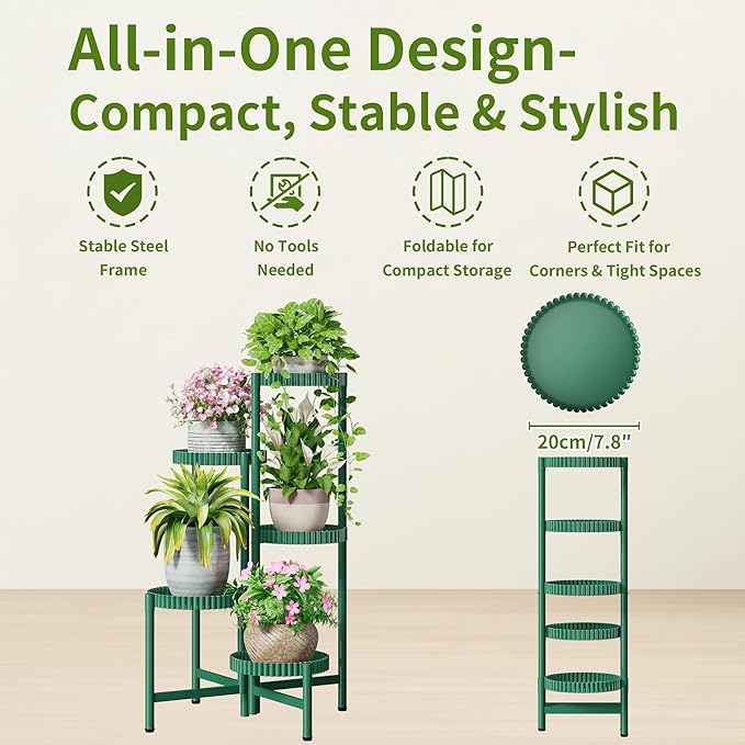 5 Tier Large Plant Stand Indoor, 7.9 Inch Wide Corner Tall Metal Plant Stands Outdoor for Multiple Plants, Folding Tiered Flower Display Holder Rack Shelf -GreenFloroma