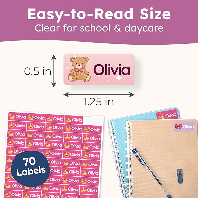 Personalized Name Labels for Kids (70 Labels) - Durable & Waterproof Custom Name Stickers for Clothing Tags, School Supplies, Camp & Daycare - Rainbow (1.2”x0.5”)
