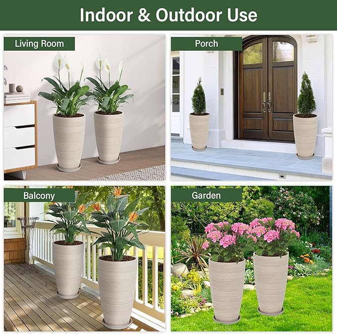 Neoaider Set of 2 Tall Planter, 21 inch Large Plastic Planter with Drain Hole & Saucers, Large Outdoor Planters for Porch, Garden, Patio, Balcony(Oat Color)