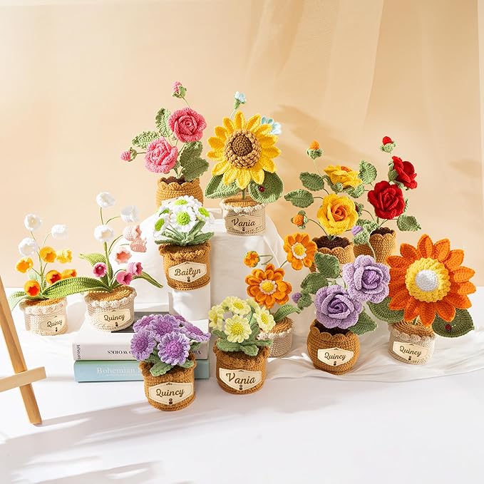 Crochet Flowers with Personalized Leather Name Tag Handmade Knitted Flowers for Home Office Desk Decor Crochet Zinnia Potted Plant for Women Crochet Everlasting Flower Birthday Gifts(Blue)