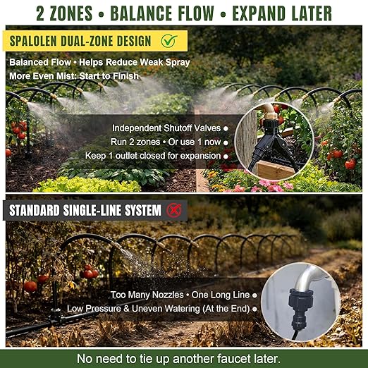 100FT Drip Irrigation System Kit Dual-Zone Garden Atomizing Watering System with 30 Copper 360° Adjustable Bendable Nozzles,Y-Splitter, Leak-Proof 1/4" Misting System for Garden Greenhouse Raised Beds