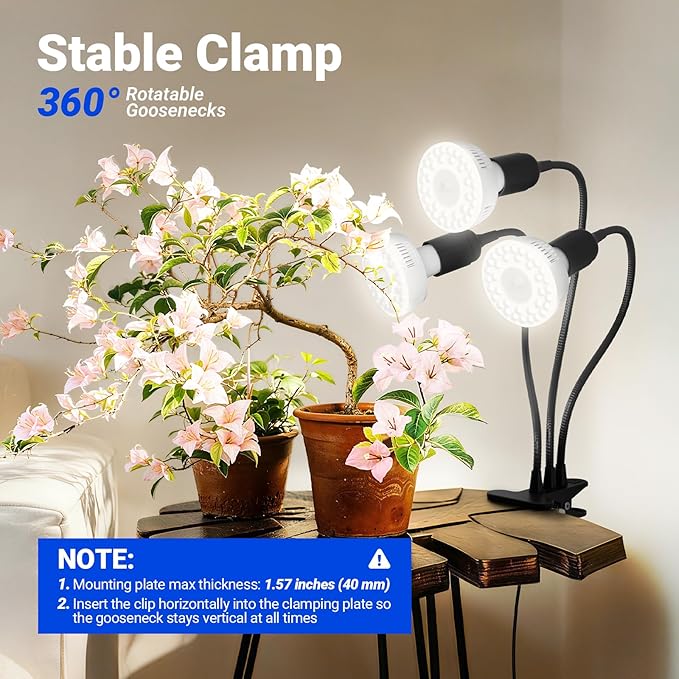 Barrina Orbgrow OG11A3 Clip On Grow Lights for Indoor Plants, Integrated Stepless Dimming & Timing, 5000K 33W(3 x 11W, 300 Watt Equiv), Full Spectrum 3-Gooseneck with E26 Plant Light Bulbs