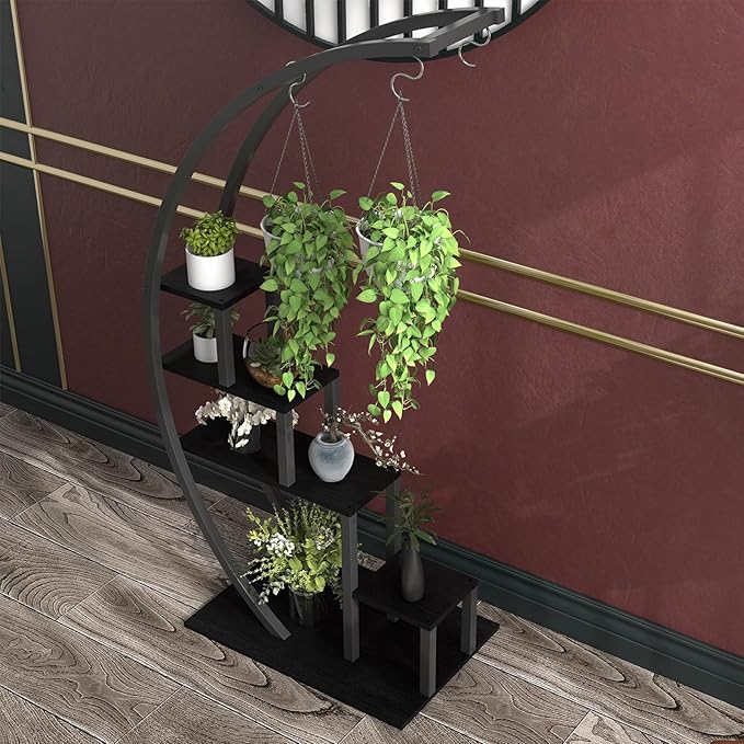 Patikuin 5-Tier Half Moon Metal Plant Stand Set of 2 – Tall Indoor & Outdoor Ladder Flower Shelf Rack with Hanging Hooks, Modern Multi-Tier Display for Living Room, Balcony & Garden