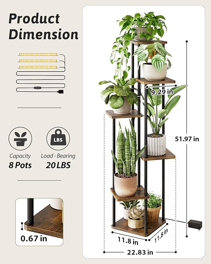 GENTINGBRO Plant Stand with Grow Light for Indoor Plants Corner Plant Stand 6 Tier Metal Plant Shelf Tall Plant Stand Plant Table Flower Stand for Living Room Bedroom Balcony Patio Brown Oak