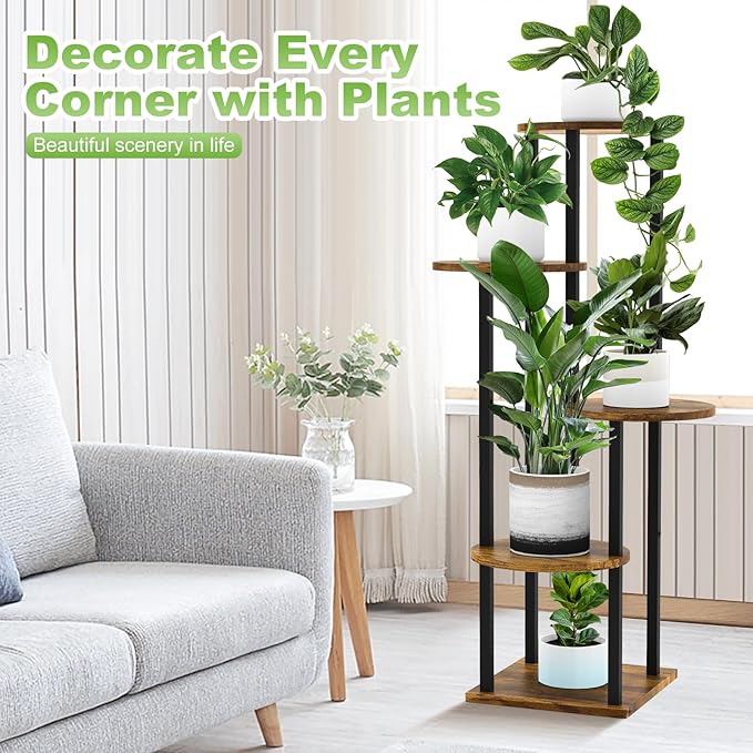 5 Tier Wood Tall Plant Stand Metal Rack Indoor, Multiple Flower Pot Holder Shelves Corner Rack, Round Planter Shelf Display Rack Storage Organizer for Patio Living Room Balcony(Black+Brown)