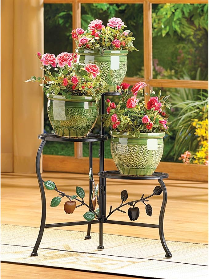 Vintage Plant Holder, Multi Tier Plant Stand Wrought Iron, Tri-Level Plant Stands, Round Metal Plant Rack, Black Patio Plant Shelf, Apple Flower Pot Stand, Indoor Outdoor Plant Lover Gifts