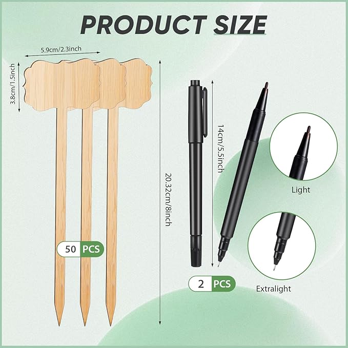 Jingmore 50 Pcs Bamboo Garden Markers Plant Labels 8 Inch Extra Long Plant Tags for Seedlings with Pen T-Type Tags Waterproof Nursery Garden Signs for Outdoor Flower Herb Potted