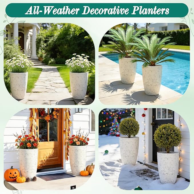 Autodaya 19.5" Resin Tall Planters for Outdoor Plants, Set of 2 Country White Large Flower Pots with Handmade Birch Bark Texture, Heavy-Duty and Weather-Resistant for Year Round Indoor Outdoor use