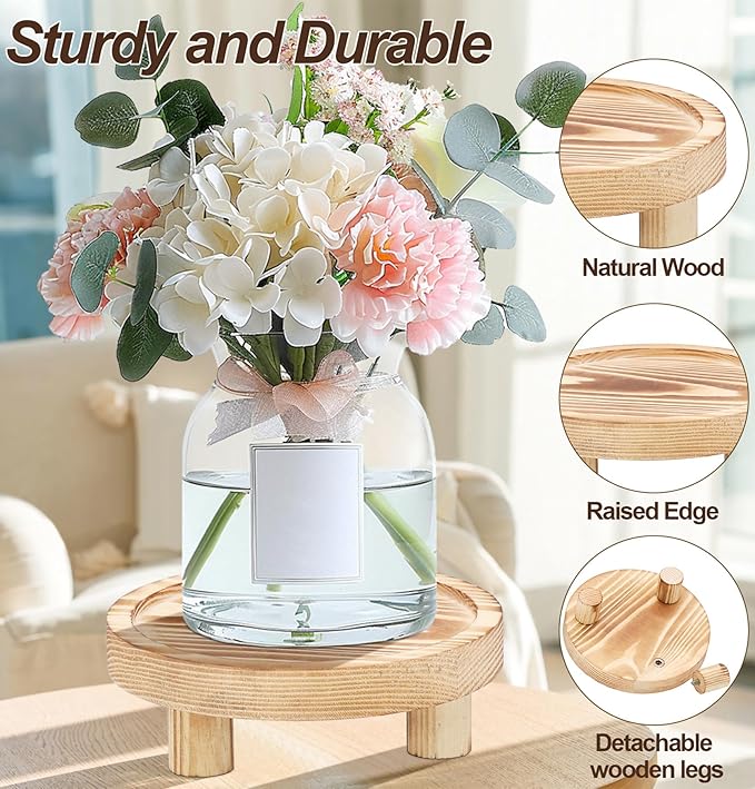 3 Pcs Wooden Risers for Display, Round Wood Riser Plant Stand 5/6/8" Pedestal Stand, Flower Pot Holder Small Planter Tray for Kitchen Home Décor (Light Brown)