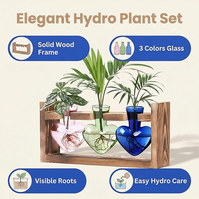 Plant Propagation Station 3Pcs Heart Vase with Wooden Stand Tabletop for Hydroponics Indoor Home Table Decor for Her Plant Lovers Women Mom Wife Daughter (Three Colors)