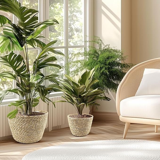 KJET 3PCS Seagrass Planter Basket with Plastic Liner, Boho Woven Plant Pots for Indoor Outdoor, Flower Baskets Containers for Garden and Home Decor