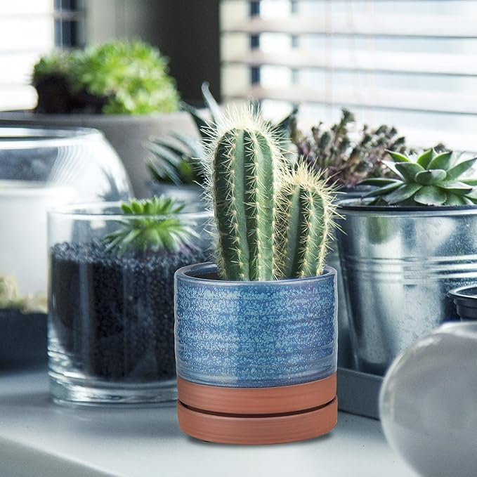 HERDUK 6 Inch Plant Pots, Ceramic Planter Pot with Drainage Hole & Saucer, Indoor/Outdoor Cylinder Round Planter Pot, Aqua Blue & Terracotta Red