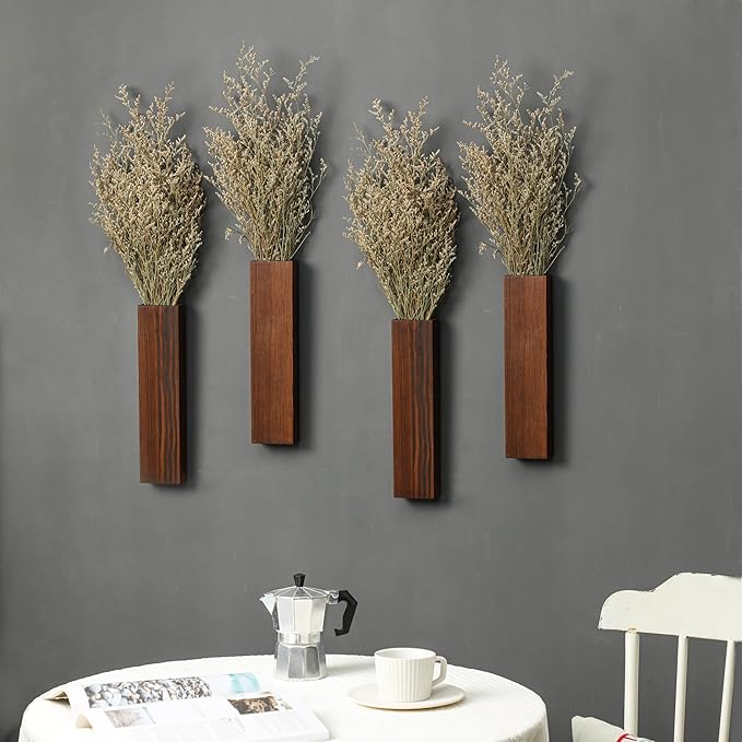 Wood Wall Planter 4 Pack Wall Decor for Artificial Flower Plants Wooden Plants Holders Pocket Vase Hanging for Living Room Bedroom Dining Room Bathroom Indoor Decroation (Dark Brown)