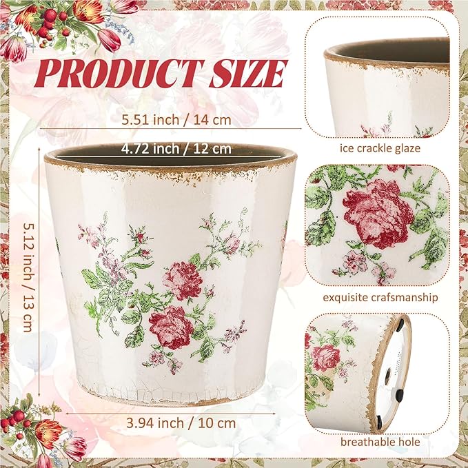 Beeveer 1 Pcs Ceramic Floral Plant Pots with Drainage Hole 5.5 Inch Vintage Farmhouse Accent Planter Rustic Ice Glazed Crack Flower Planter for Indoor Outdoor Home Decor (Pink Rose,Beige and Pink)
