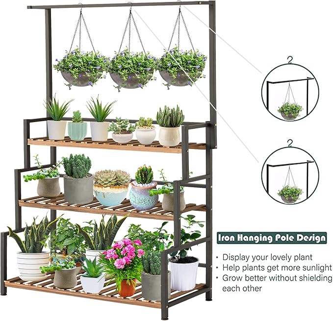 ULIKE 3-Tier Plant Stand with Hanging Bar for Indoor Outdoor Patio, Carbonized Pine Wood and Metal Frame Display Shelf, 52 Inch Tall Vertical Plant Rack for Balcony Garden Living Room