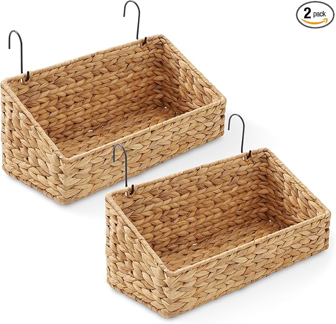 Casafield Set of 2 Hanging Baskets with Hooks - Natural, Hyacinth Woven Wall Mounted Storage Bins for Kitchen, Bathroom, Laundry Room, Home Office