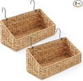 Casafield Set of 2 Hanging Baskets with Hooks - Natural, Hyacinth Woven Wall Mounted Storage Bins for Kitchen, Bathroom, Laundry Room, Home Office
